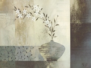  Verbeek & Van De, Simplicity II (Malerei, modern, abstrakte Malerei, Stillleben, Blumenvase, Blütenzweig, Farbflächen,Ornamente, Muster, Quadrate, Rechtecke, Wohnzimmer, Treppenhaus, beige / braun)