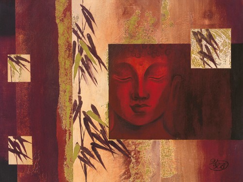 Verbeek & van den Broek, Buddha IV (Wunschgröße, Malerei, modern, Buddha, Statue, Buddhakopf, Buddhismus, Religion, abstrakte Farbfelder, Bambuszweig, Wohnzimmer, Schlafzimmer, Wellness, Treppenhaus, bunt)