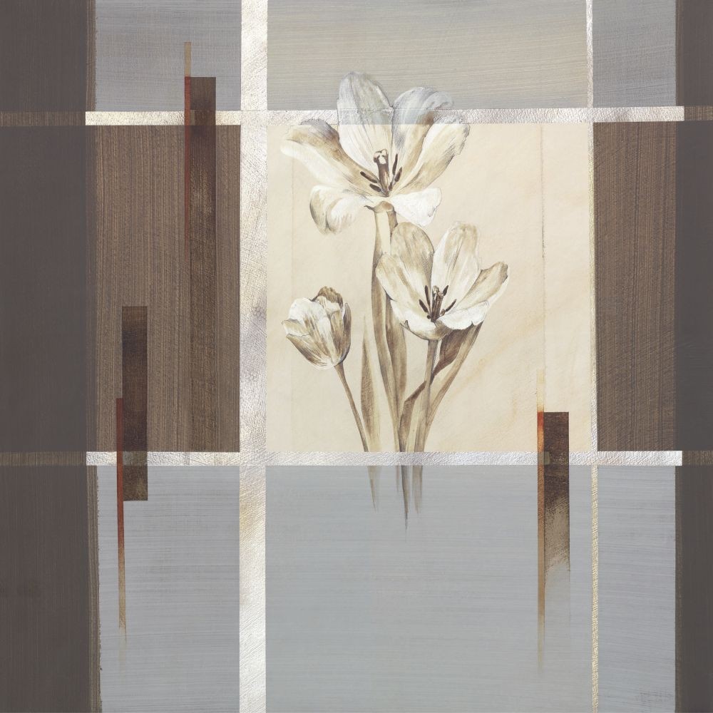 Verbeek & Van Den Broek, Silver Dream I (Malerei, modern, abstrakte Malerei, Farbflächen, Quadrate, Blumen, Blüten, Wohnzimmer, Treppenhaus, grau / braun)