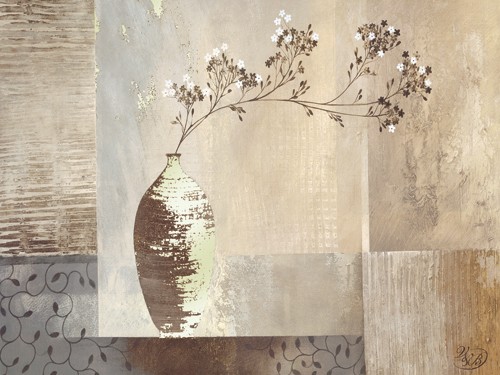 Verbeek & van den Broek, Simplicity I (Wunschgröße, Malerei, modern, abstrakte Malerei, Stillleben, Blumenvase, Blütenzweig, Farbflächen,Ornamente, Muster, Quadrate, Rechtecke, Wohnzimmer, Treppenhaus, beige / braun)