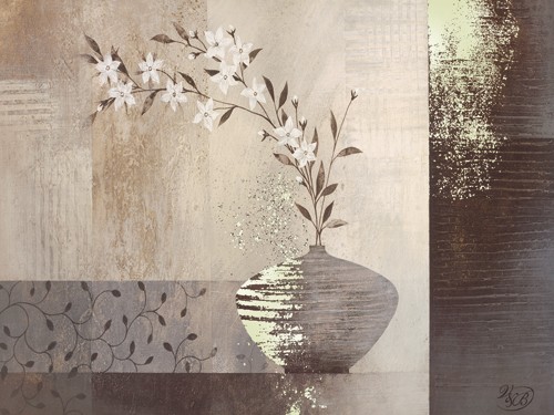Verbeek & van den Broek, Simplicity II (Wunschgröße, V´Malerei, modern, abstrakte Malerei, Stillleben, Blumenvase, Blütenzweig, Farbflächen, Ornamente, Muster, Quadrate, Rechtecke, Wohnzimmer, Treppenhaus, beige / braun)