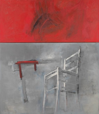 Veronika Olma, Ankommen (Stuhl, Farbfelder, abstrahiert, modern, Malerei, Schattierungen, Büro, Wohnzimmer, Esszimmer, Wunschgröße, rot/grau)