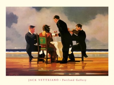Jack Vettriano, Elegy for The Dead Admiral (People & Eros, Strand, Klagelied, Trauer, Menschen, American Scene, Geiger, Musiker,  Malerei, Wohnzimmer, Treppenhaus, bunt)