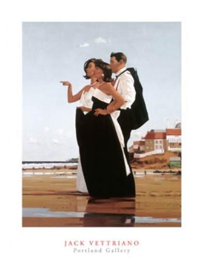 Jack Vettriano, The Missing Man II (People & Eros, Strand, Schwarz, Weiß, Schick, American Scene, Mann, Frauen)