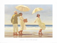 Jack Vettriano, The Picnic Party (People & Eros, Strand, Kleid, Kleider, American Scene, Figur, Mann, Frau, Sonne, Tag, Tageslicht, Wind, Sommer, Wohnzimmer, Treppenhaus, bunt)