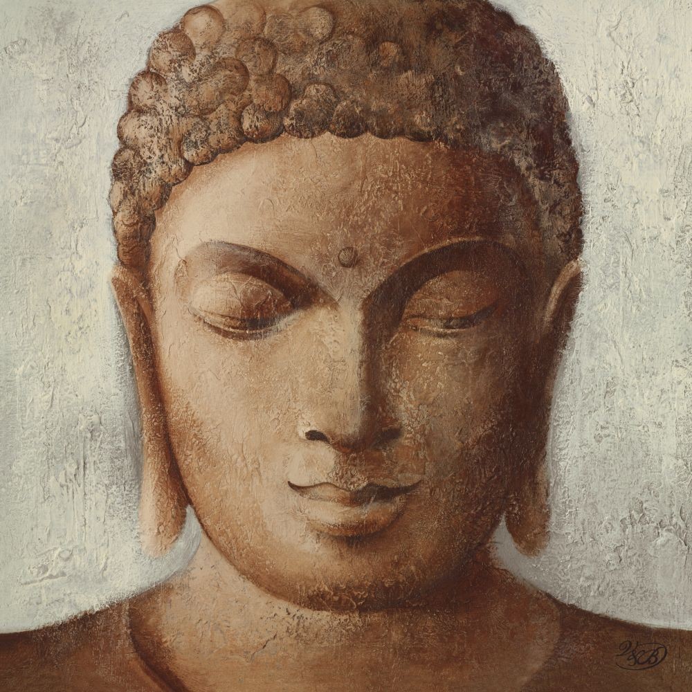 Verbeek & Van Den Broek, Serenity II (Malerei, modern, Buddha, Statue, Buddhakopf, Buddhismus, Religion, Wohnzimmer, Schlafzimmer, Wellness, Treppenhaus, beige / braun)