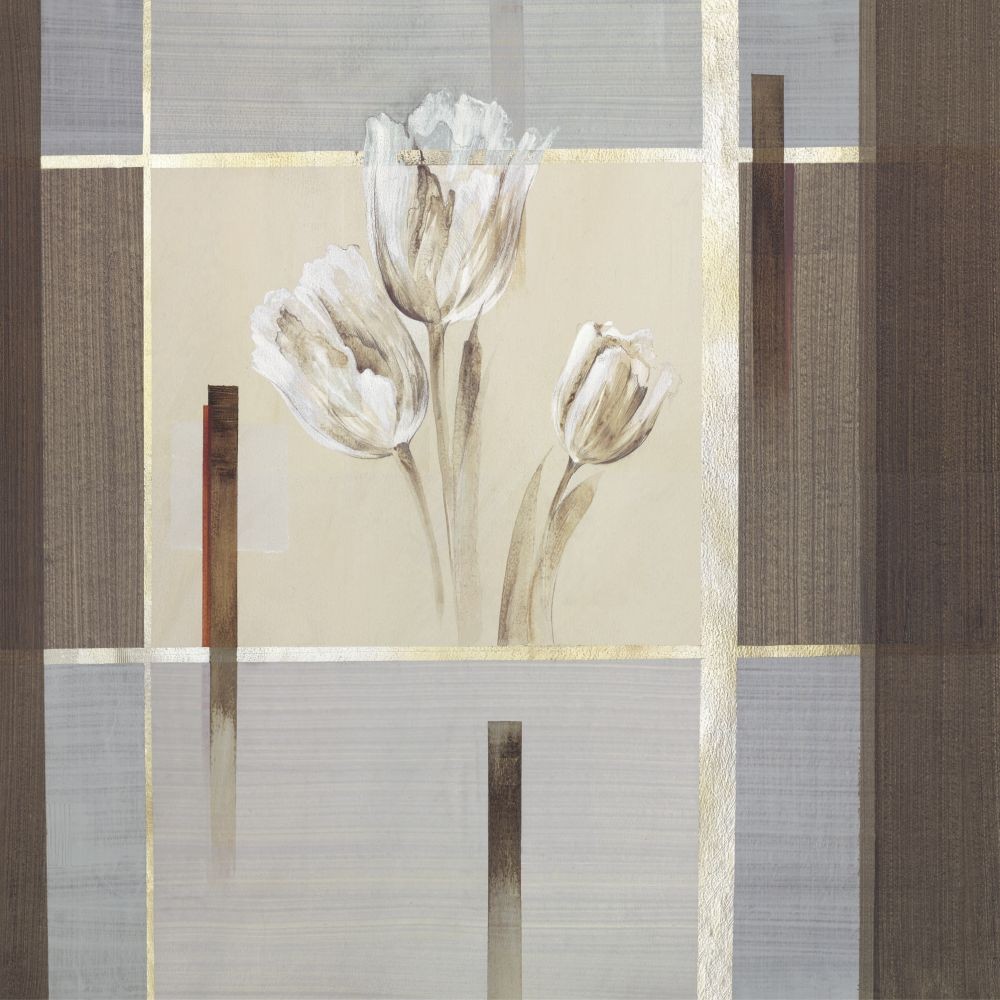 Verbeek & Van Den Broek, Silver Dream II (Malerei, modern, abstrakte Malerei, Farbflächen, Quadrate, Blumen, Blüten, Wohnzimmer, Treppenhaus, grau / braun)