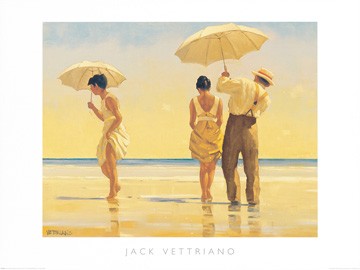 Jack Vettriano, Mad Dogs (People & Eros, Strand, Kleid, Kleider, American Scene, Figuren, Frauen, Mann, Sonnenschirm)