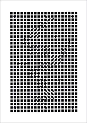 Victor Vasarely, Tlinko, 1955 (Büttenpapier) (Malerei, Op-Art, Konstruktivismus, geometrische Formen, Illusion, Sinnestäuschung, optische Täuschung, Quadrate, Rauten, Wohnzimmer, Büro, schwarz / weiß)