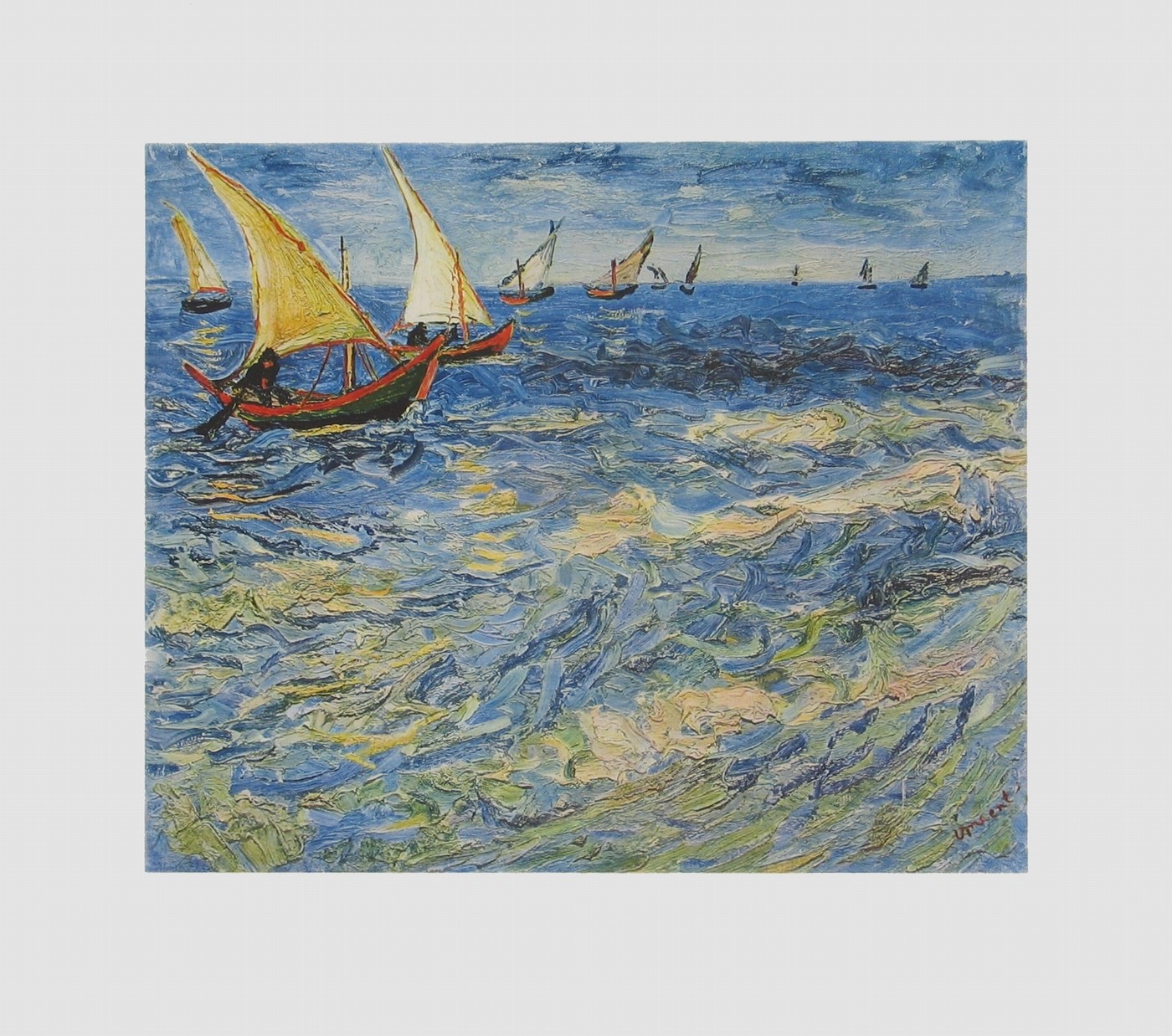 Vincent van Gogh, Meer bei St-Maries (Bütten) (Büttenpapier) (Malerei, Impressionismus, Klassische Moderne, Meer, Meeresbrise, Boote, Südfrankreich, Segelboote, Wohnzimmer, Treppenhaus, Arztpraxis, bunt)