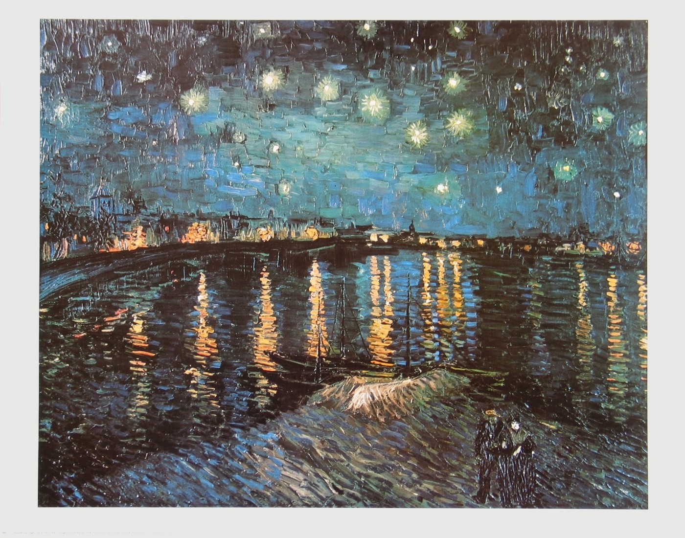Vincent van Gogh, Sterne über der Rhone, 1888 (Klassische Moderne, Impressionismus, Malerei, Landschaft, Frankreich, Natur, Fluss, Dorf, Himmel, Nachthimmel, Sterne, Mond, Spiegelungen, Reflexionen, Nachtszene, Wohnzimmer, Arztpraxis, Schlafzimmer, bunt)