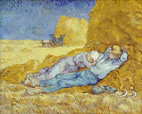 Vincent van Gogh, Das Mittagsschlfchen (Klassische Moderne, Impressionismus, Malerei, Landschaft, Natur, Herbst, Ernte, Feld, Getreidefeld, Feldarbeiter, Mitttagspause, Mittagsschlaf, Landwirtschaft,  Wohnzimmer, Arztpraxis, Esszimmer, bunt)