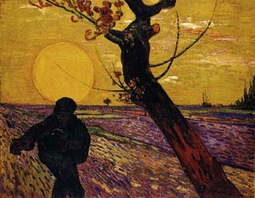 Vincent van Gogh, Le Smeur (Klassische Moderne, Impressionismus, Malerei, Frankreich,  Landschaft, Felder, Getreide, Korn, Mensch, Mann, Feldarbeit, Säemann, Abendstimmung, Sonnenuntergang, Esszimmer, Wohnzimmer, Arztpraxis, bunt)