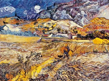 Vincent van Gogh, Spaziergang bei San Ramy (Klassische Moderne, Impressionismus, Malerei, Klassiker, Frankreich, Landschaften, Berge, Felder, Wohnzimmer, Wintergarten, Arztpraxis, bunt)