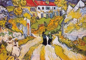 Vincent van Gogh, Weg und Treppe in Auvers (Klassische Moderne, Impressionismus, Malerei, Klassiker, Frankreich, Stadt, Architektur, Häuser, Spaziergang,  Wohnzimmer, Wintergarten, Arztpraxis, bunt)