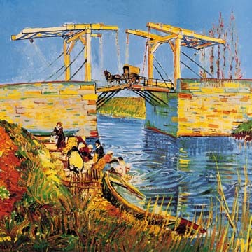 Vincent van Gogh, Die Brücke bei Langlois in Arles (Klassische Moderne, Impressionismus, Malerei,  Südfrankreich, Stadt, Landschaften, Architektur, Brücke, Zugbrücke, Fluss, Boote, Wäscherinnen, Wohnzimmer, Treppenhaus, bunt)