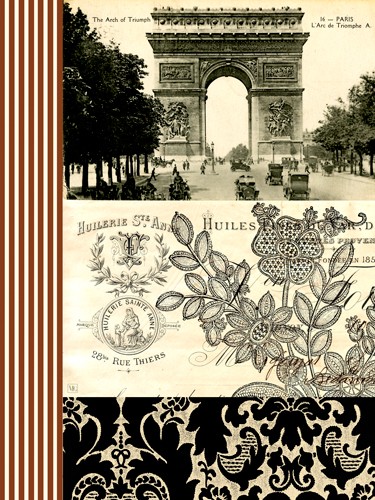 Violet LeClair, Arc Memories (Wunschgröße, Druck, Grafik, Collage, Paris, Triumpfbogen, Arc de Triumphe,  florale Muster, Oldtimer,  Nostalgie, Erinnerungen, Bistro, Cafe, schwarz / weiß / rot)