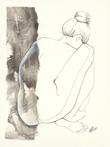 Virginie Cadoret, Anne-Laure (Aktzeichnung, hockender Rückenakt, Frau, Wunschgröße, modern, Zeichnung, zeitgenössisch, Wohnzimmer, Schlafzimmer, schwarz/weiß)