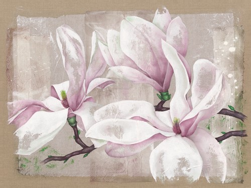 Virginie Cadoret, Magnolia (Blumen, Blüten, Magnolie, zart, transparent, Wunschgröße, modern, Malerei, zeitgenössisch, Wohnzimmer, Treppenhaus, weiß/beige)