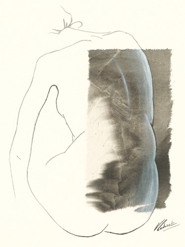 Virginie Cadoret, Maïté I (Aktzeichnung, sitzender Rückenakt, Frau, Wunschgröße, modern, Zeichnung, zeitgenössisch, Wohnzimmer, Schlafzimmer, schwarz/weiß)