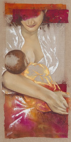 Virginie Cadoret, Maternit (Mutter, Baby, Mutterliebe, Mutterschaft, Stillen, Brust, Wunschgröße, modern, Malerei, zeitgenössisch, Wohnzimmer, Treppenhaus, bunt)
