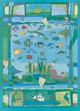 Vitali P. Konstantinov, Wasser (Malerei, Kinderwelten, Naive Malerei, Elemente, Landschaft, Wasser, unter Wasser, Wellen, Tiere, Fische, Boot, Wasserpflanzen, blau - bunt)