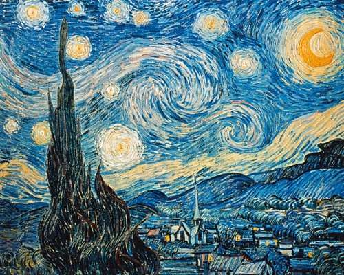 Vincent van Gogh, Sternennacht (Klassische Moderne, Impressionismus, Malerei, Landschaft, Natur, Dorf, Himmel, Nachthimmel, Sterne, Mond, Baum, Zypresse, Nachtszene, Wohnzimmer, Arztpraxis, Schlafzimmer, bunt)