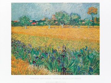 Vincent van Gogh, Vista di Arles con irises (Klassische Moderne, Impressionismus, Malerei, Frankreich, Südfrankreich, Landschaft, Panorama, Felder, Getreide, Blumen, Iris, Häuser, Esszimmer, Wohnzimmer, Arztpraxis, bunt)