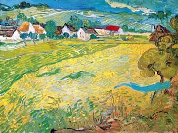 Vincent van Gogh, Sonnige Wiese bei Auvers (Klassische Moderne, Impressionismus, Malerei, Frankreich, Stadt, Landschaft, Vedute, Häuser, Sonnenlicht, Esszimmer, Wohnzimmer, Arztpraxis, bunt)