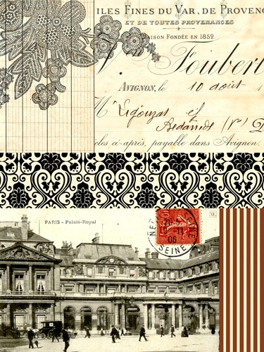 Violet LeClair, Paris Royal (Wunschgröße, Druck, Grafik, Collage, Paris, Palais Royal, Briefmarke, florale Muster, Foubert, Nostalgie, Bistro, Cafe, schwarz / weiß / rot)