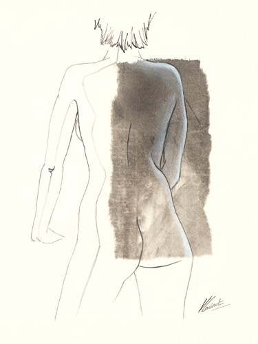 Virginie Cadoret, Noémie I (Aktzeichnung, Rückenakt, Frau, Wunschgröße, modern, Zeichnung, zeitgenössisch, Wohnzimmer, Schlafzimmer, schwarz/weiß)