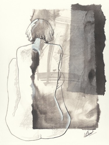 Virginie Cadoret, Noémie II (Aktzeichnung, sitzender Rückenakt, Frau, Wunschgröße, modern, Zeichnung, zeitgenössisch, Wohnzimmer, Schlafzimmer, schwarz/weiß)