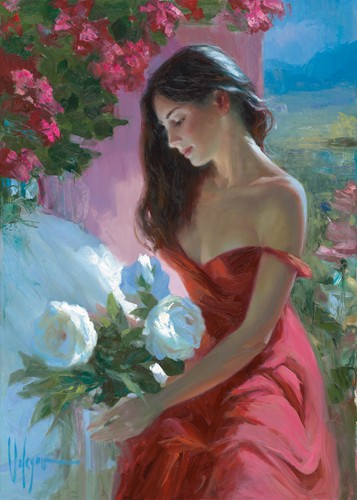 Vladimir Volegov, Lady in Red (Wunschgröße, Malerei, modern, People & Eros, Frau, Natur, Landschaft, Erotik, rotes Kleid, weiße Rosen, Pfingsrosen, Licht, zart, Schlafzimmer, Wohnzimmer, bunt)