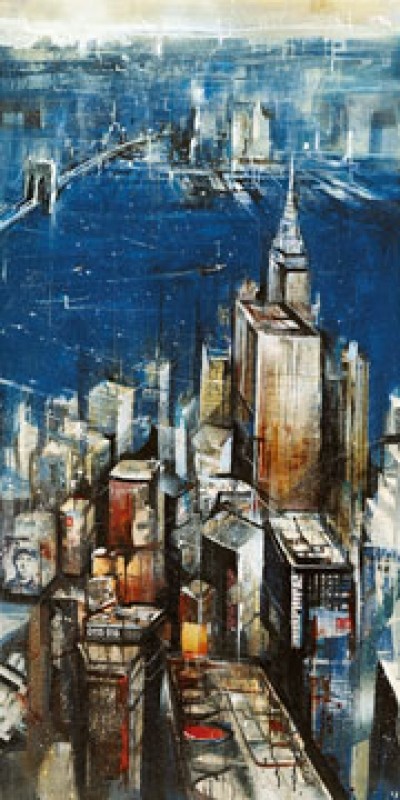 Bernhard Vogel, Looking East (Städte, Metropolen, New York, Chrysler Building, Brooklyn Bridge, Wolkenkratzer, Hochäuser, Skyline, Vogelperspektive, moderne Malerei, Wohnzimmer, Büro, Business, bunt)