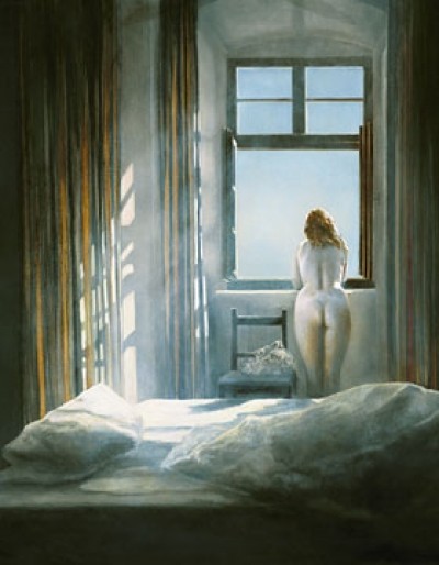 Henning von Gierke, Morgensonne (Zimmer, Interieur, nackte Frau, Akt, Rückenakt, Sonnenlicht, Fenster, Erotik, Schlafzimmer, Malerei, Realismus, bunt)
