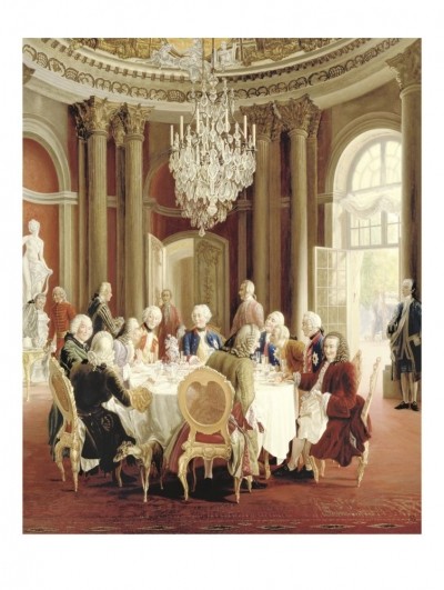 Adolph von Menzel, GUESTS AT TABLE (König Friedrichs II. Tafelrunde in Sanssouci, 1850, Voltaires, Casanovas, Tafelrunde, Gäste, vornehm, Malerei, Klassiker, Wohnzimmer, Esszimmer, bunt)