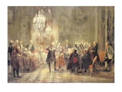 Adolph von Menzel, THE FLUTIST (Musik, Konzert, Flötenkonzert, Friedrich der Große, Preußenkönig, Schloss Sanssouci, Musikinstrumente,  deutscher Realismus, 19. Jahrhundert, Saal, Menschen, Leute, Fest, festlich, Klassiker, Malerei, Wohnzimmer,)