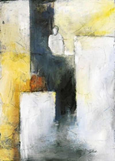 Dagmar Vogt, Einsicht (Abstrakte Malerei, figurativ, Farbfelder, geometrische Formen, modern, Wohnzimmer, Treppenhaus, Büro, Business, gelb/schwarz)