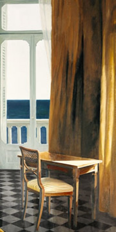 Henning von Gierke, Interieur mit Sonne und Meer II (Modern, Fenster, Zimmer, Meeresblick, Möbel, Innenausstattung, Stuhl, Tisch)
