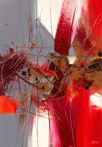 Veronique Ball, Confidences (Wunschgröße, Malerei, modern, Abstrakte Malerei, Leuchtkraft,  Dynamik, Bewegung, Schwung, Malspuren, Business, Büro, Wohnzimmer, rot / grau)