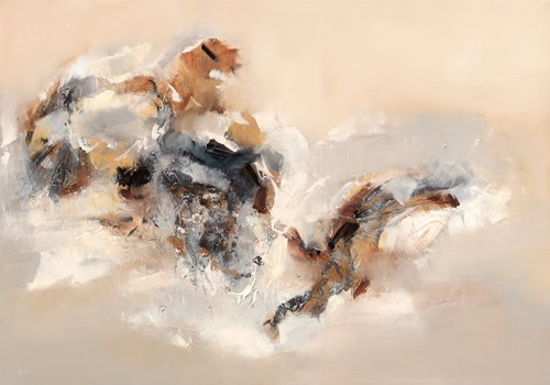 Veronique Ball, Reflets (Wunschgröße, Malerei, modern, Abstrakte Malerei, Bewegung, ausgewogen, amorphe Formen, Farbstrukturen, Business, Büro, Wohnzimmer, Arztpraxis, beige)