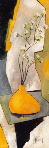 Véronique Mansart, Soleil en pot (Blumen, Blüten, Stillleben, Malerei, modern, abstrakter Hintergrund, Wunschgröße, Treppenhaus, Wohnzimmer, schwarz/gelb)