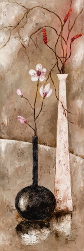 Véronique Mansart, Zen attitude III (Blumen, Blüten, Stillleben, Zweige, Malerei, modern, abstrakter Hintergrund, Wunschgröße, Treppenhaus, Wohnzimmer, grau/braun/rot)