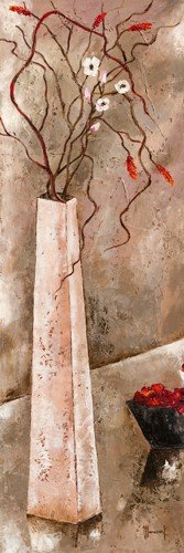 Véronique Mansart, Zen attitude I (Blumen, Blüten, Stillleben, Zweige, Malerei, modern, abstrakter Hintergrund, Wunschgröße, Treppenhaus, Wohnzimmer, grau/braun/rot)