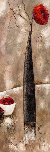 Véronique Mansart, Zen attitude II (Blumen, Blüten, Stillleben, Zweige, Malerei, modern, abstrakter Hintergrund, Wunschgröße, Treppenhaus, Wohnzimmer, grau/braun/rot)