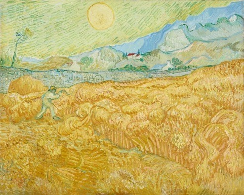 Vincent Van Gogh, Die Ernte (Kornfeld mit Schnitter) (Klassische Moderne, Impressionismus, Malerei, Landschaft, Berge, Natur, Ernte, Herbst, Garben, Ernte, Feld, Getreidefeld, Himmel, gelber Himmel, Sonne,  Wohnzimmer, Arztpraxis, Schlafzimmer, Wunschgröße, bunt)