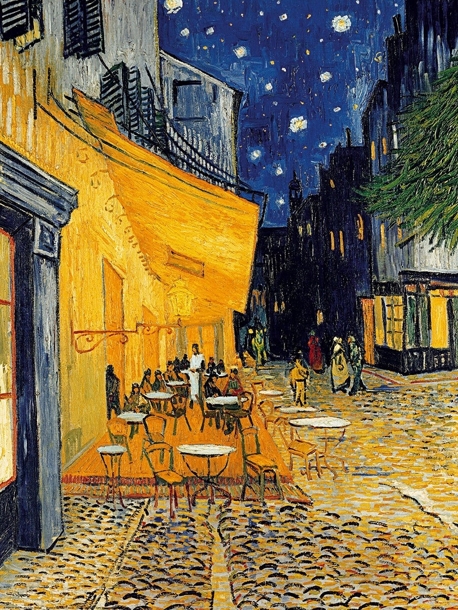 Vincent van Gogh, Café at Night (Klassische Moderne, Impressionismus, Malerei, Nachtszene, Nachtlicht, Platz, Straße, Straßencafe, Café, Bar, Sterne, Sternenhimmel, Wohnzimmer, Arztpraxis, Schlafzimmer, bunt)