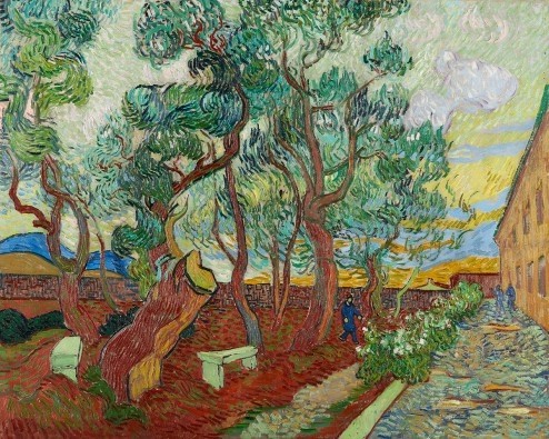 Vincent Van Gogh, Der Garten des Hospitals von Saint Rémy (Klassische Moderne, Impressionismus, Malerei, Klassiker, Frankreich, Krankenhaus, Hospital, Garten, Landschaften, Wohnzimmer, Wintergarten, Arztpraxis, Wunschgröße, bunt)