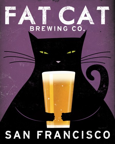 Ryan Fowler, Cat Brewing (Wunschgröße, Plakatkunst, Retro, Nostalgie, schwarze Katze, Bierglas, Werbung, Bistro, Café, Gastronomie, Küche, Esszimmer, lila-schwarz)