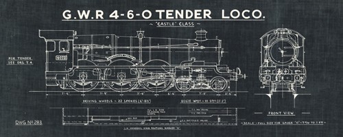 Wild Apple Portfolio, Train Blueprints III Black (Eisenbahn, Lokomotive, Tender Loco, Konstruktion, Plan, Nostalgie,  Büro, Treppenhaus, Wohnzimmer,  Wunschgröße, Grafik, schwarz/weiß)